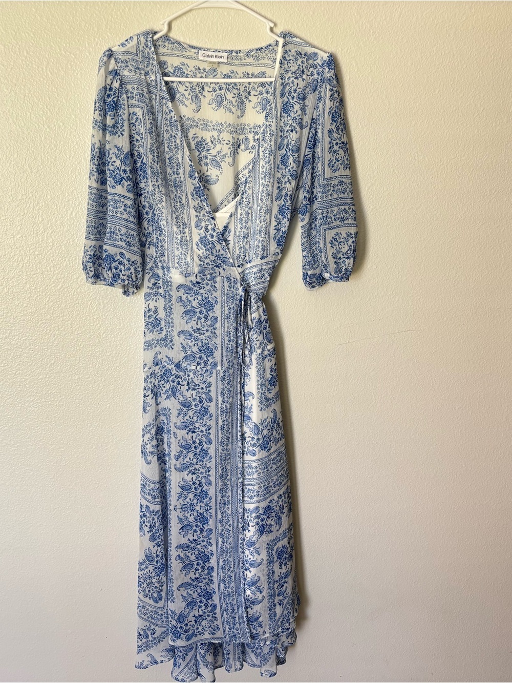 Calvin Klein Blue and White Floral Wrap Midi Dress with Tie Waist